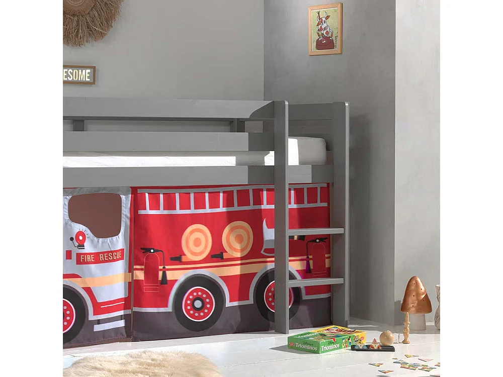 Kinder Hochbett aus Kiefer Massivholz Grau mit Feuerwehr Vorhang
