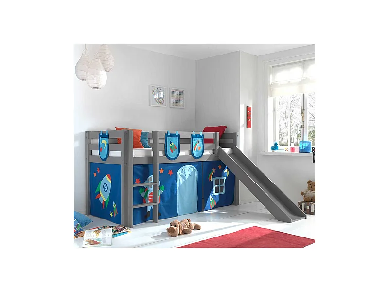 Graues Halbhochbett mit Rutsche und Vorhang