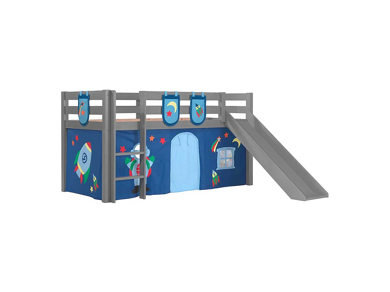 Graues Halbhochbett mit Rutsche und Vorhang