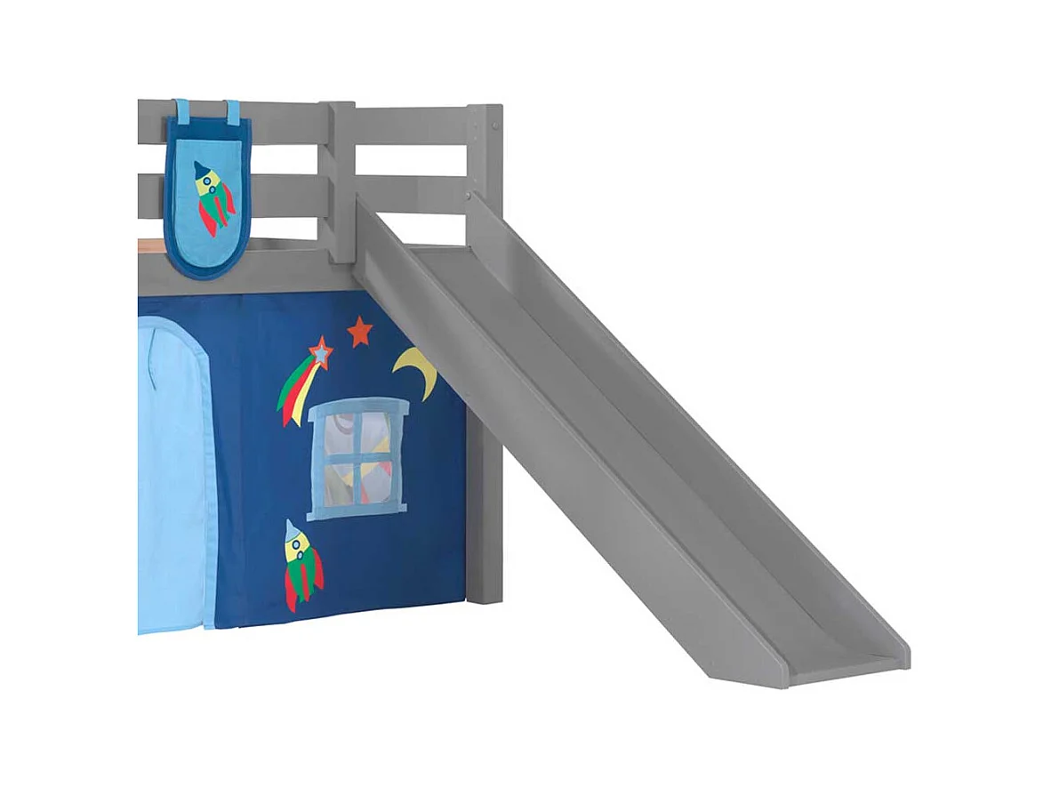 Graues Halbhochbett mit Rutsche und Vorhang