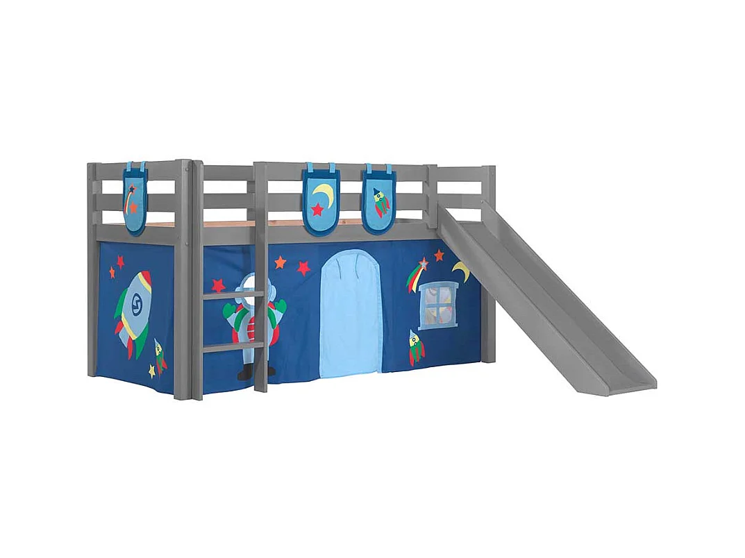 Graues Halbhochbett mit Rutsche und Vorhang