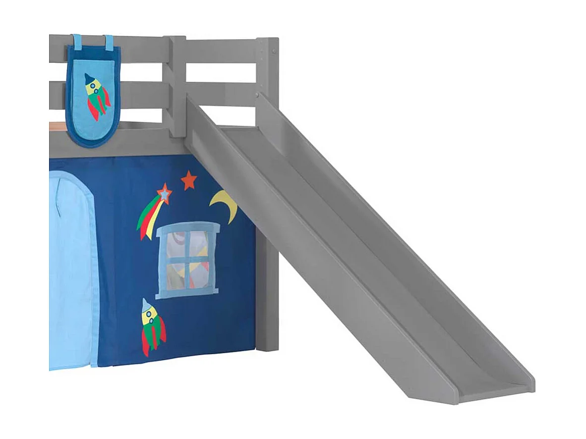 Graues Halbhochbett mit Rutsche und Vorhang