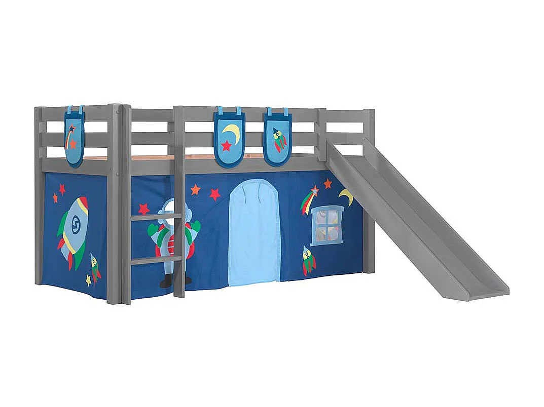 Graues Halbhochbett mit Rutsche und Vorhang