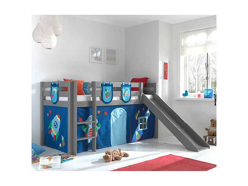 Graues Halbhochbett mit Rutsche und Vorhang