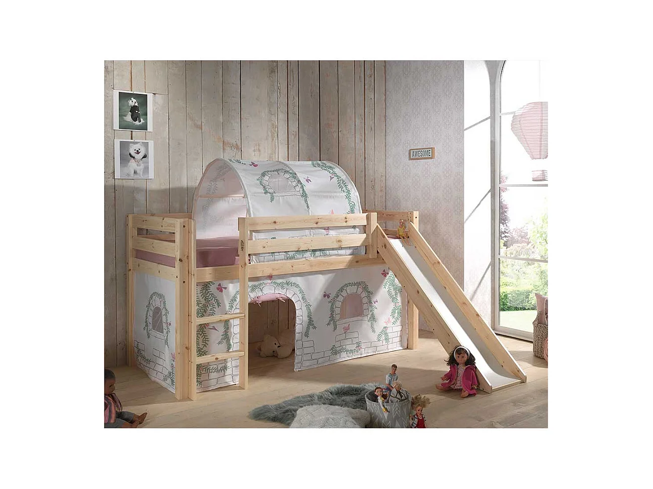 Hochbettgestell aus Kiefer Massivholz Vorhang