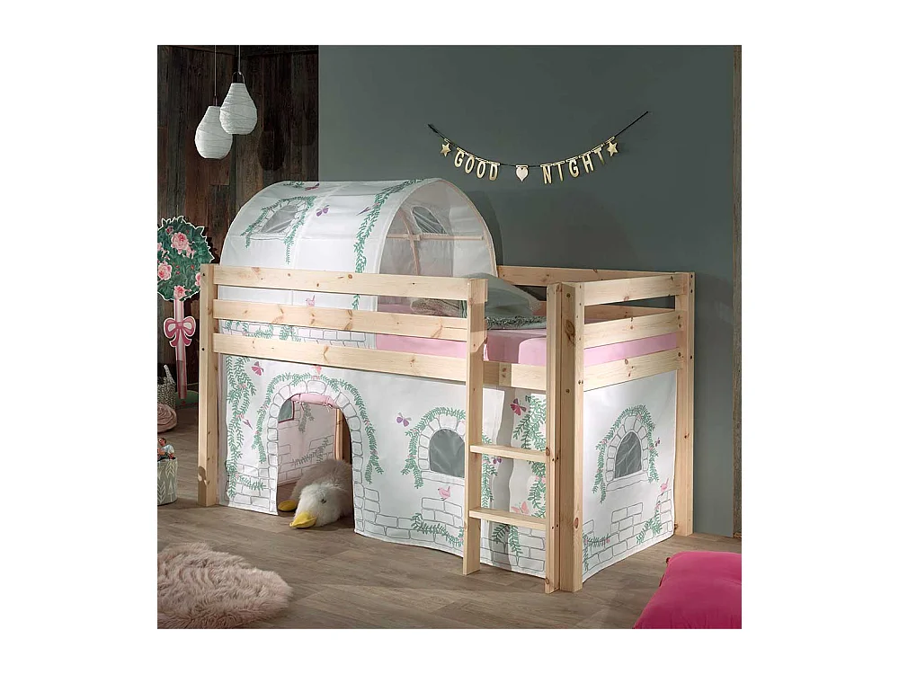 Hochbettgestell aus Kiefer Massivholz Vorhang