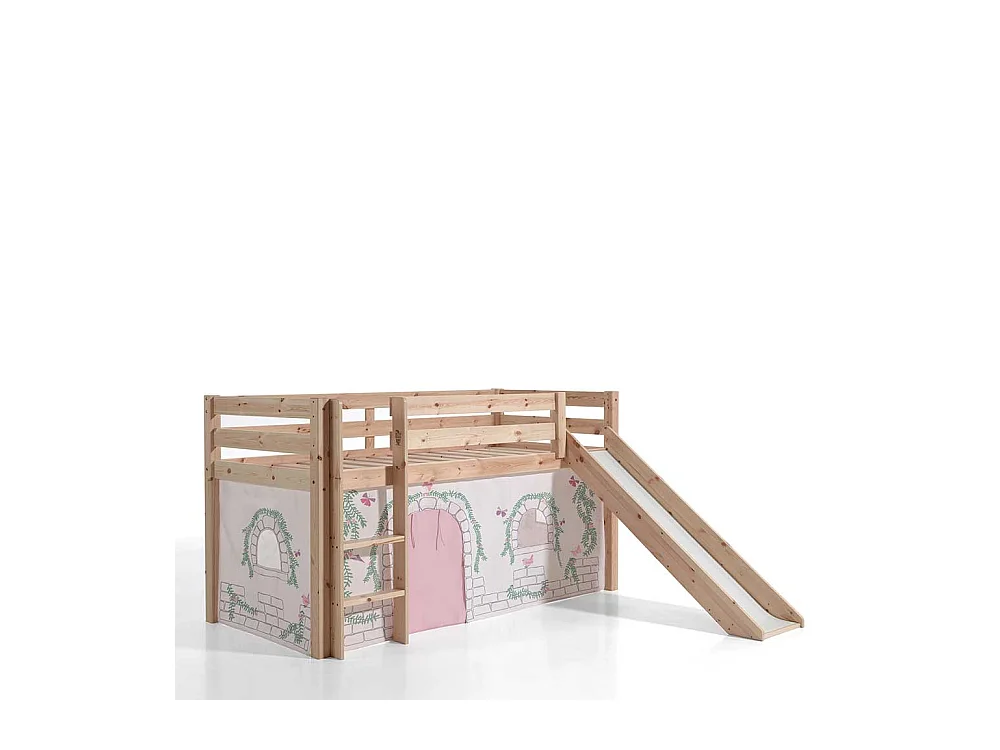 Hochbettgestell aus Kiefer Massivholz Vorhang