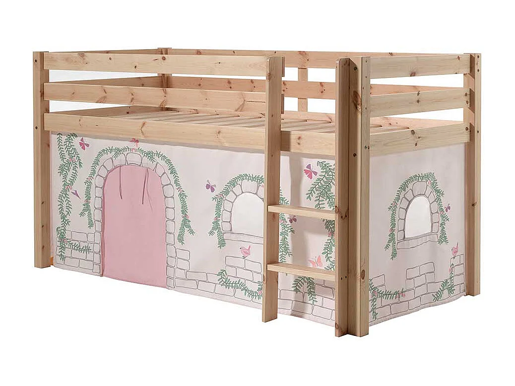 Hochbettgestell aus Kiefer Massivholz Vorhang