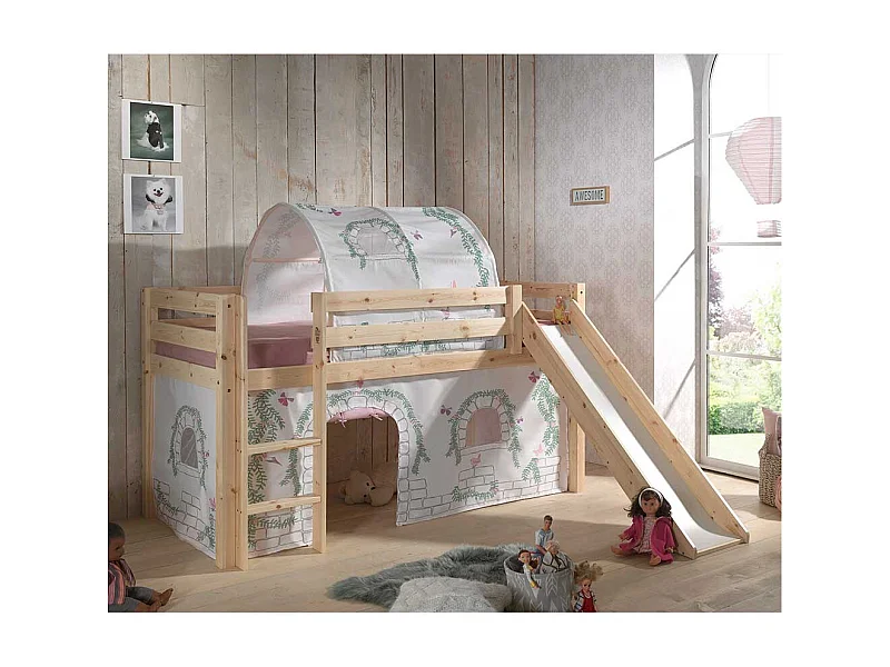 Hochbettgestell aus Kiefer Massivholz Vorhang