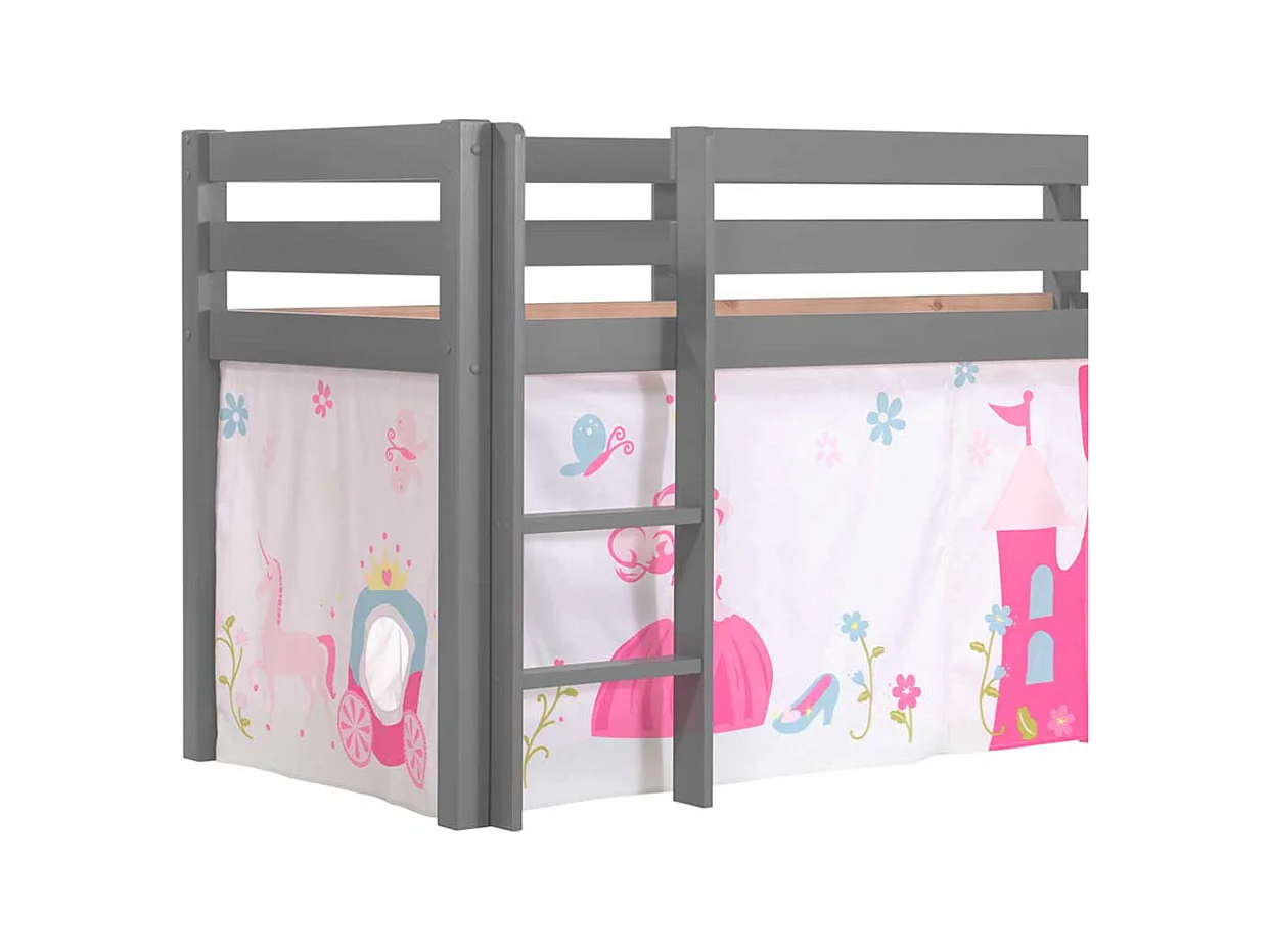 Graues Rutschbett aus Kiefer Massivholz mit Spielvorhang