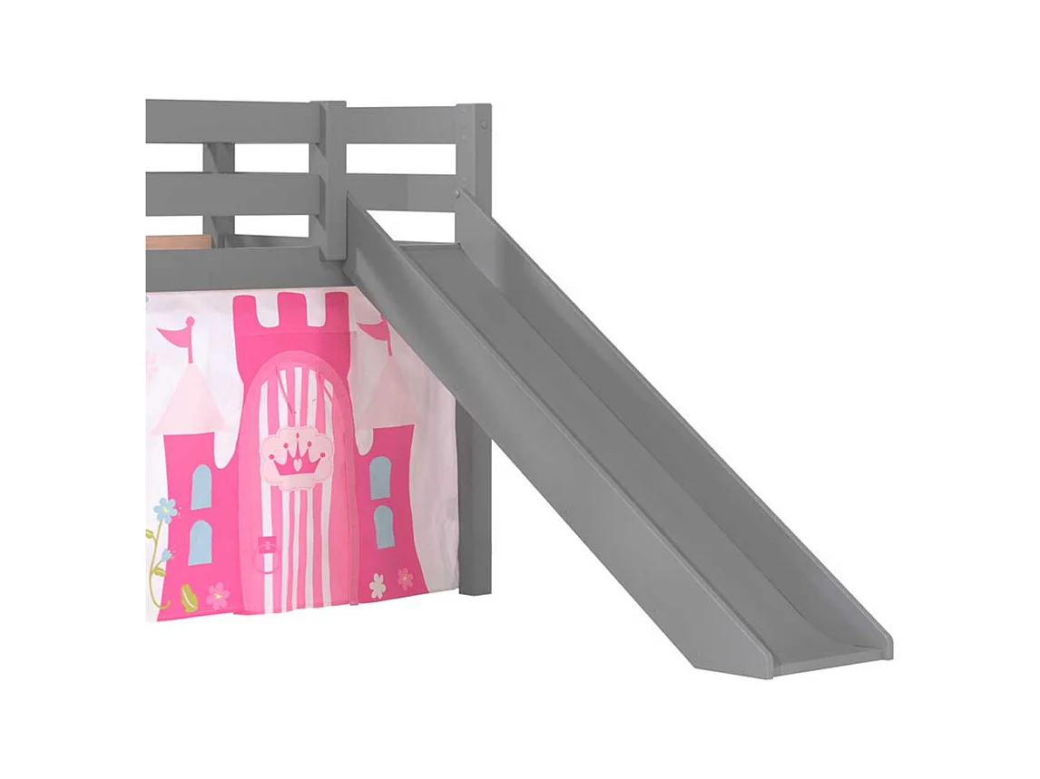 Graues Rutschbett aus Kiefer Massivholz mit Spielvorhang