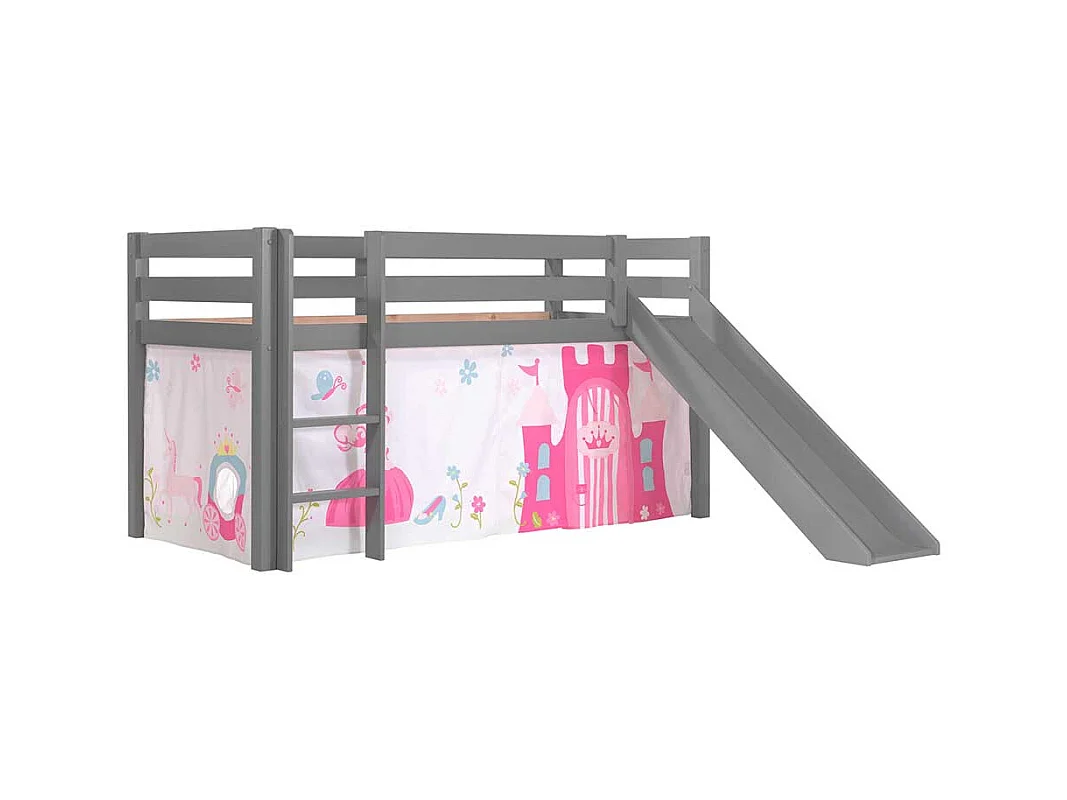 Graues Rutschbett aus Kiefer Massivholz mit Spielvorhang