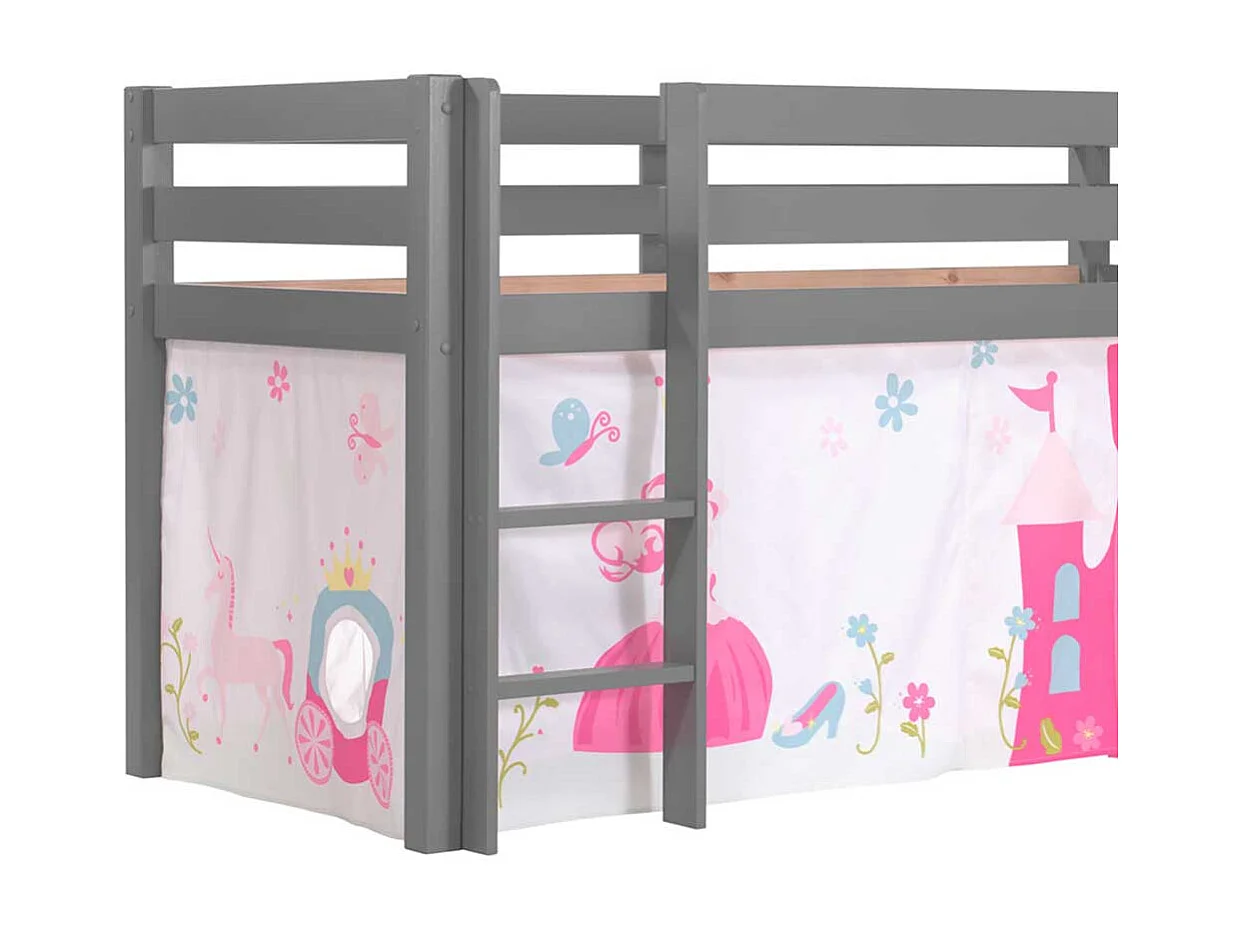 Graues Rutschbett aus Kiefer Massivholz mit Spielvorhang