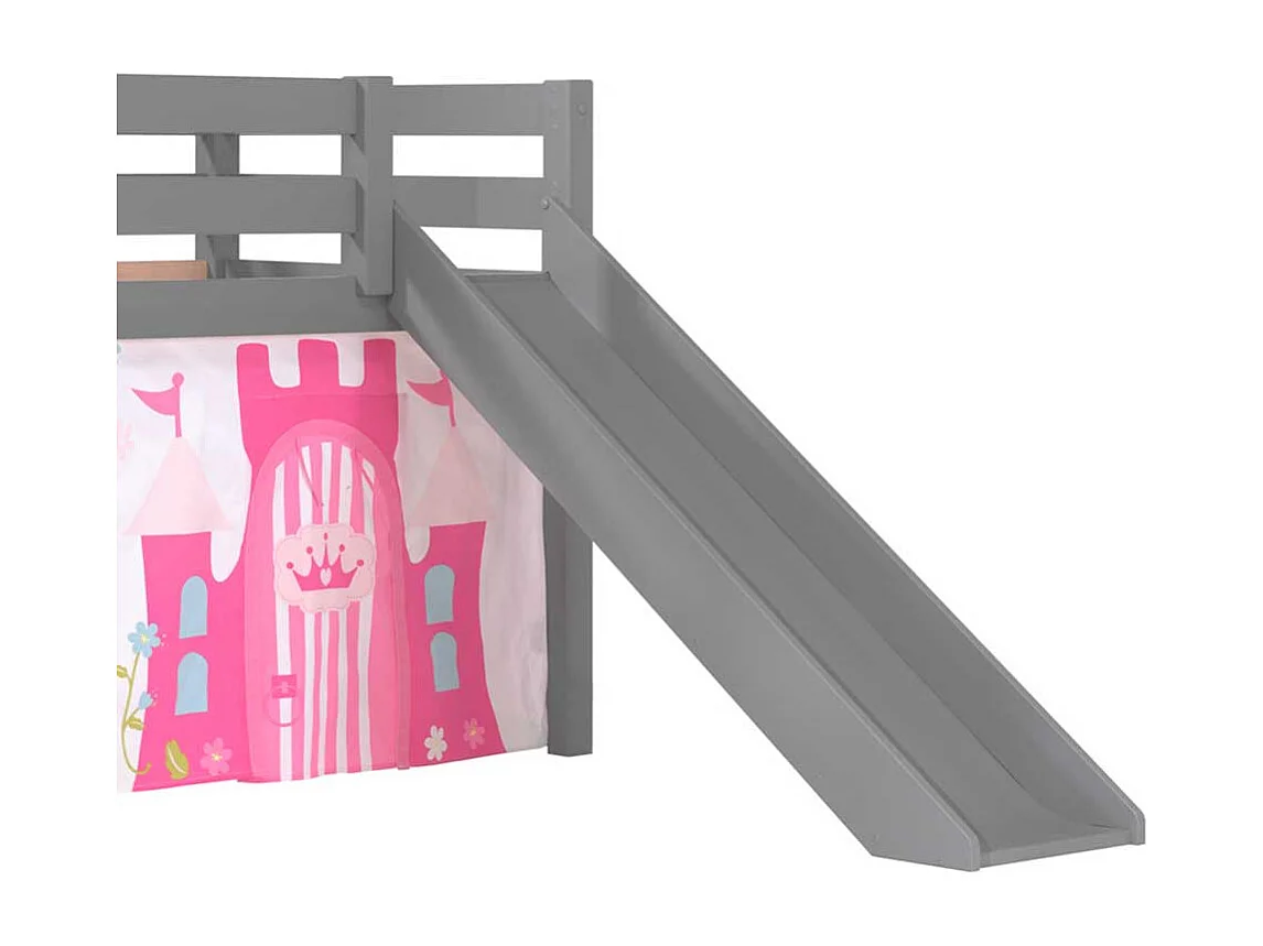 Graues Rutschbett aus Kiefer Massivholz mit Spielvorhang