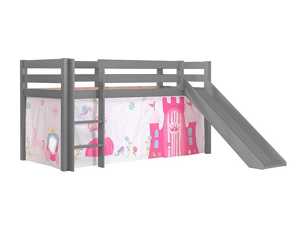 Graues Rutschbett aus Kiefer Massivholz mit Spielvorhang