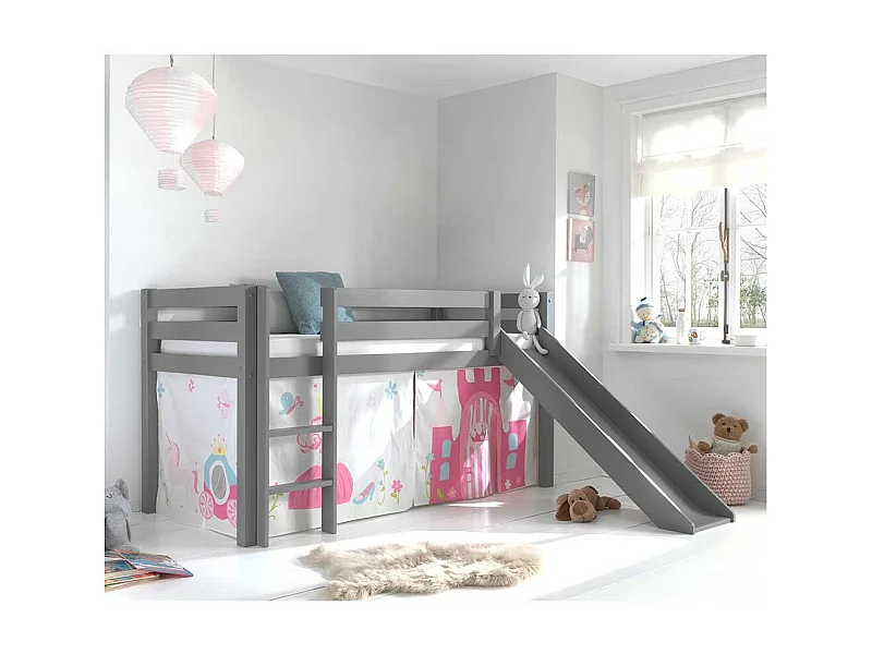 Graues Rutschbett aus Kiefer Massivholz mit Spielvorhang