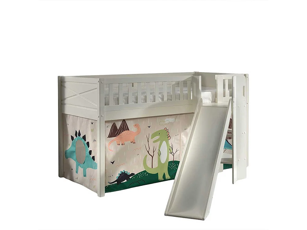 Etagenbett mit Vorhang aus Kiefer Massivholz Dinosaurier Motiv