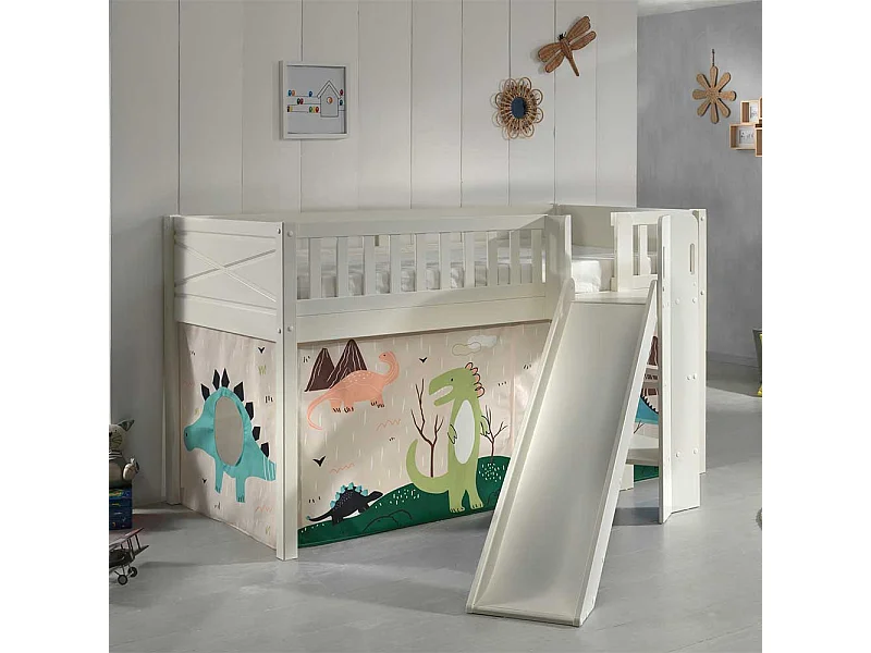Etagenbett mit Vorhang aus Kiefer Massivholz Dinosaurier Motiv