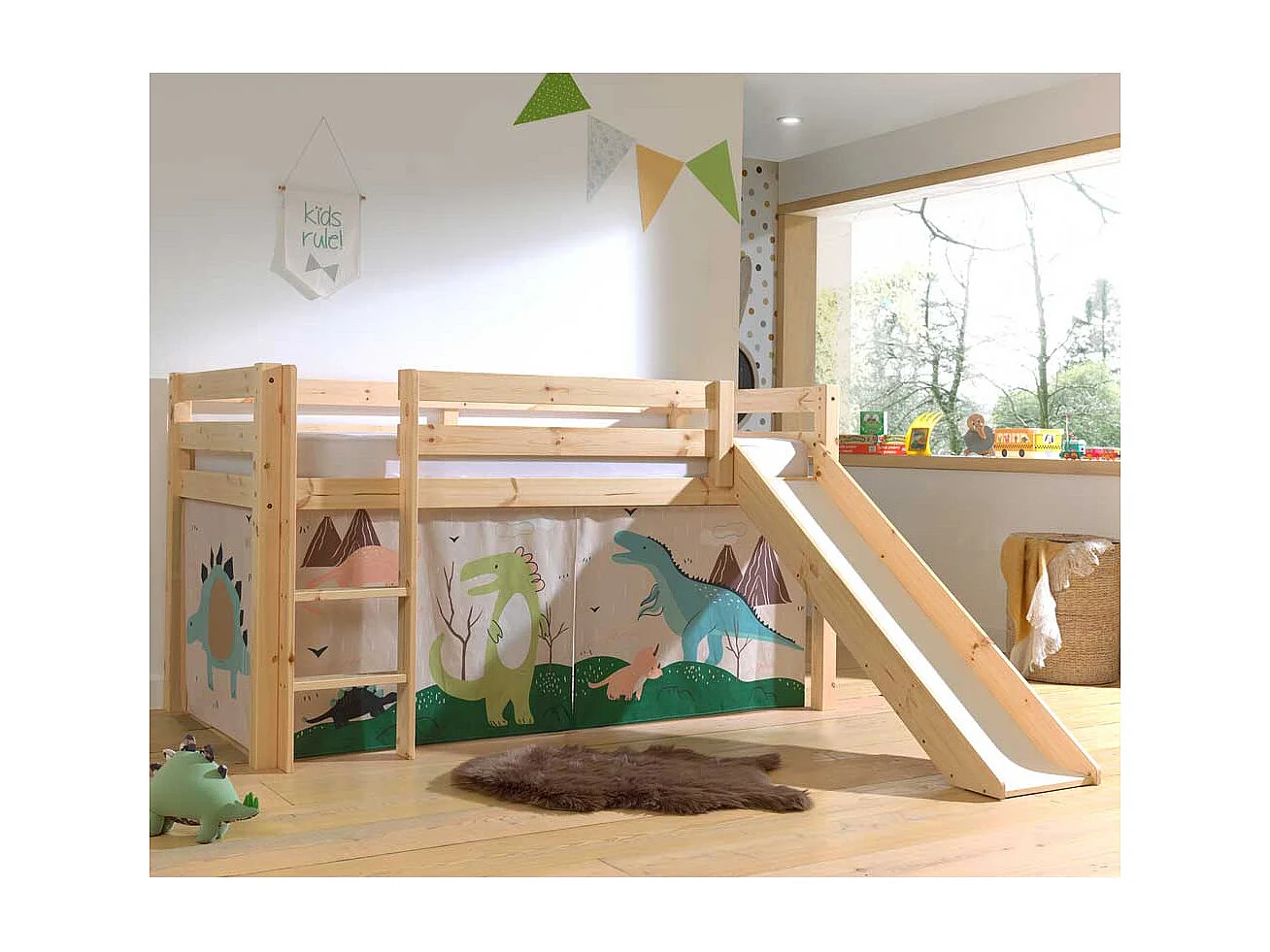 Halbhochbett Kinder mit Rutsche Vorhang Set Dino