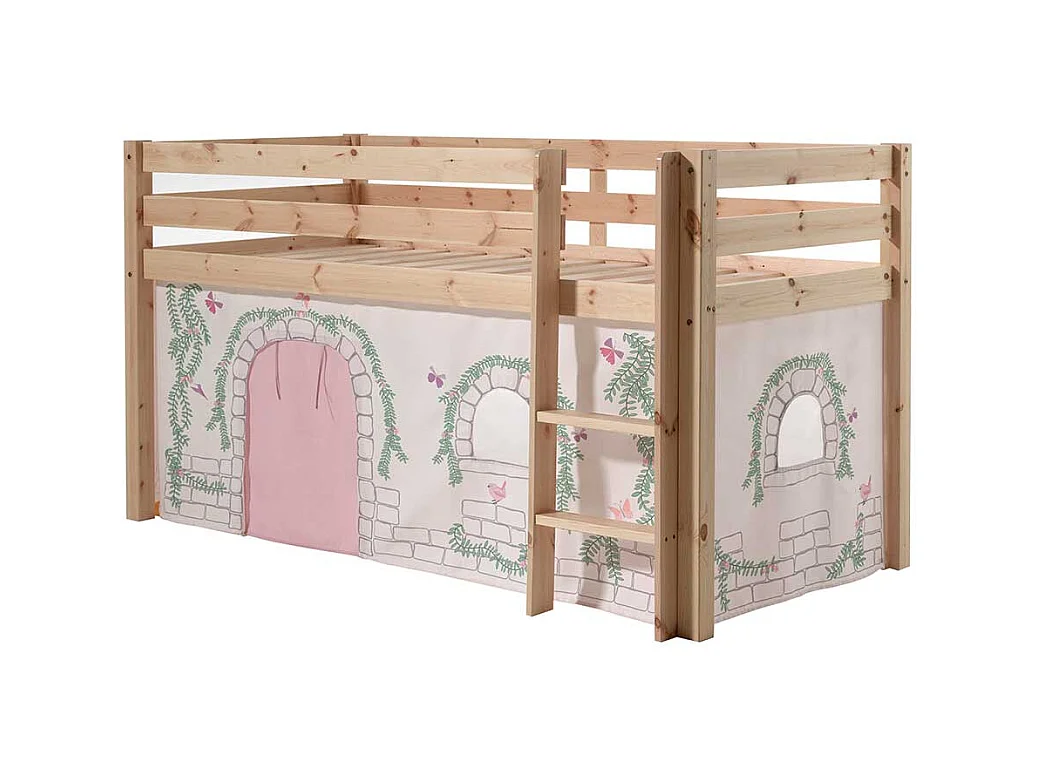 Hochbettgestell aus Kiefer Massivholz Vorhang