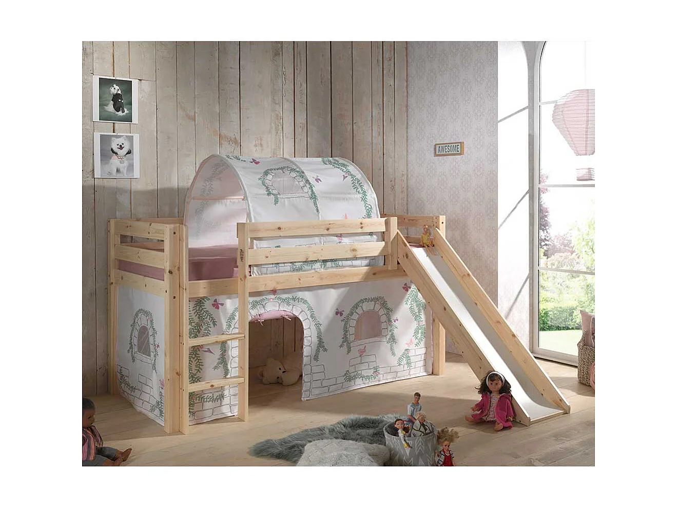 Hochbettgestell aus Kiefer Massivholz Vorhang