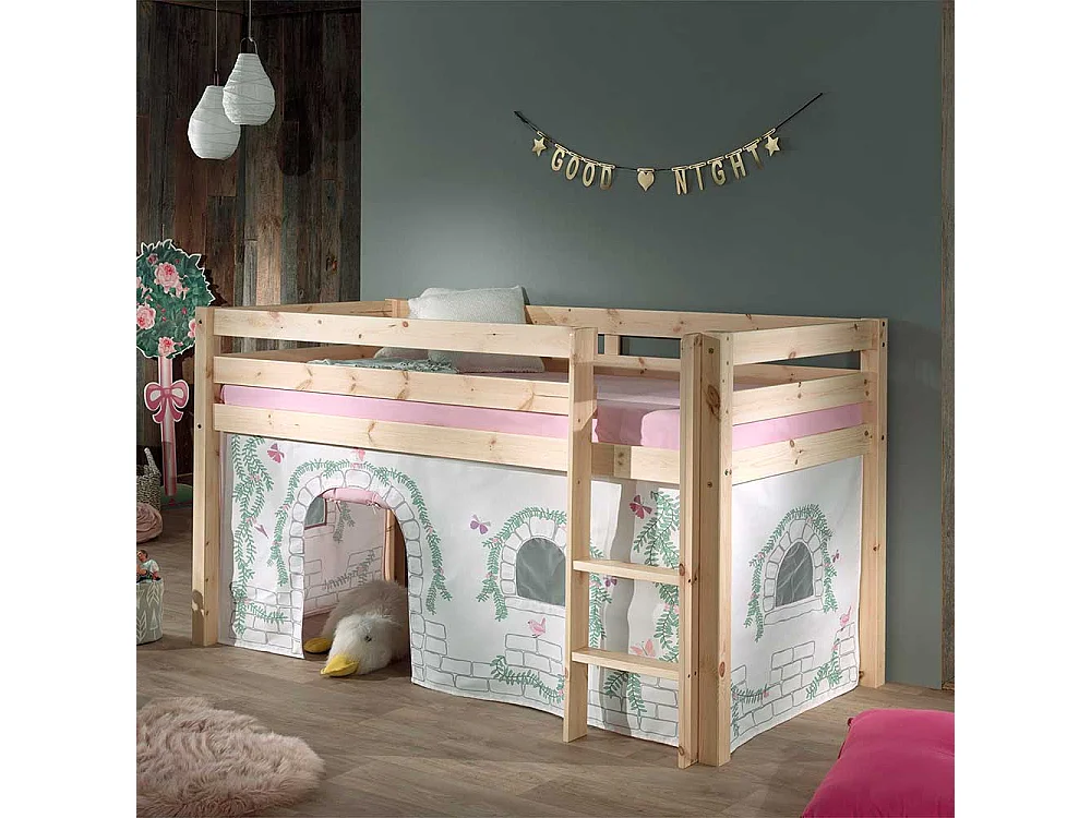 Hochbettgestell aus Kiefer Massivholz Vorhang