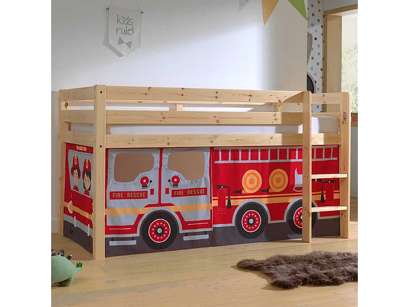 Halbhochbett mit Vorhang Set Feuerwehr Motiv Kiefer Massivholz