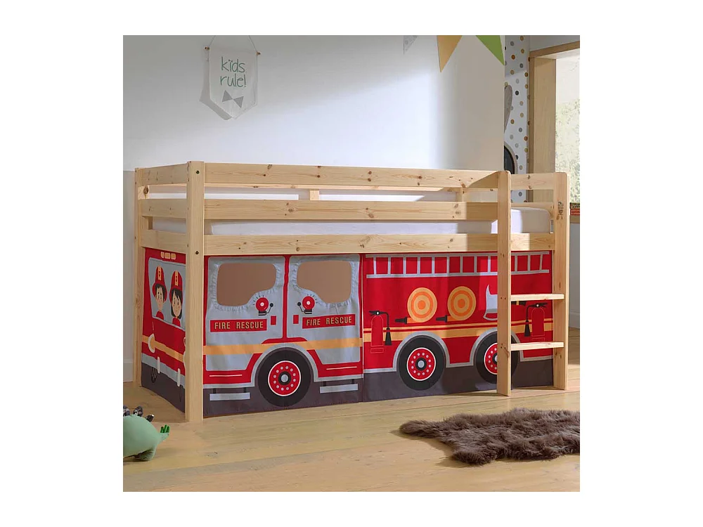 Halbhochbett mit Vorhang Set Feuerwehr Motiv Kiefer Massivholz