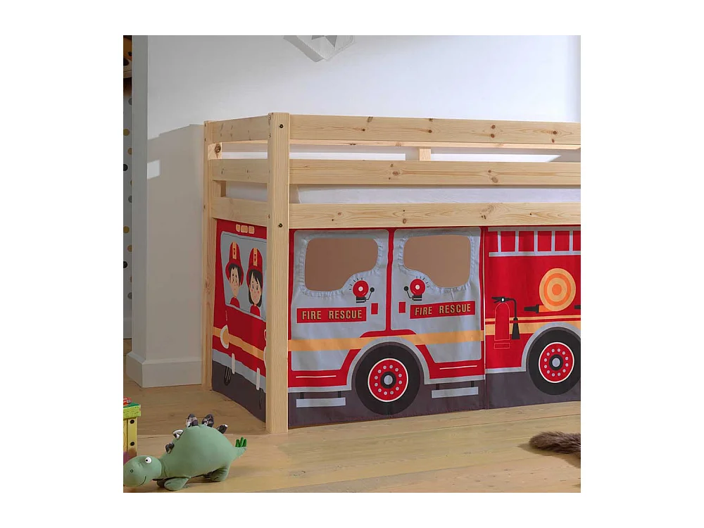 Halbhochbett mit Vorhang Set Feuerwehr Motiv Kiefer Massivholz
