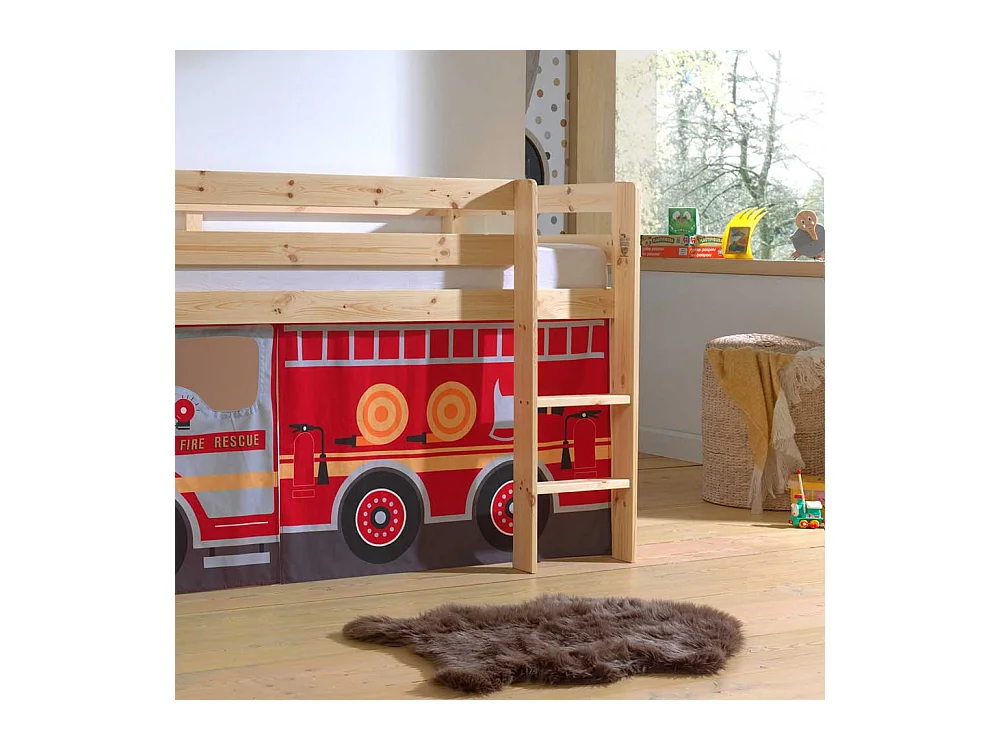 Halbhochbett mit Vorhang Set Feuerwehr Motiv Kiefer Massivholz