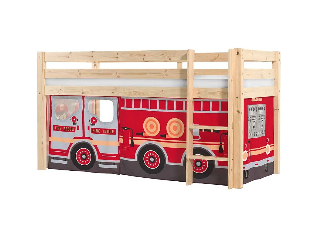 Halbhochbett mit Vorhang Set Feuerwehr Motiv Kiefer Massivholz