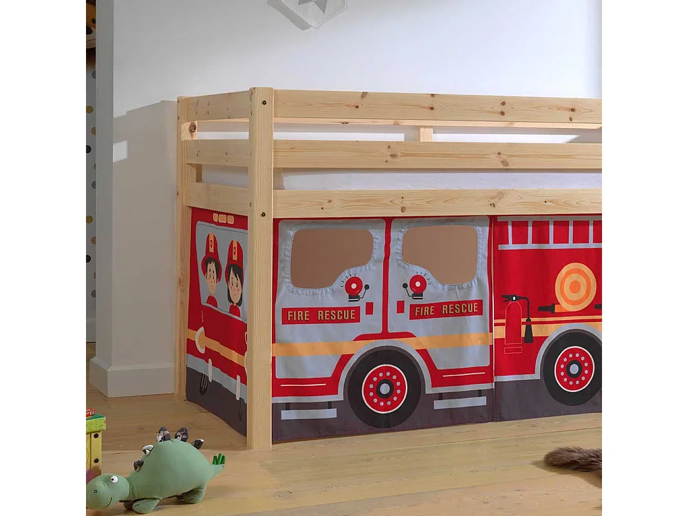 Halbhochbett mit Vorhang Set Feuerwehr Motiv Kiefer Massivholz