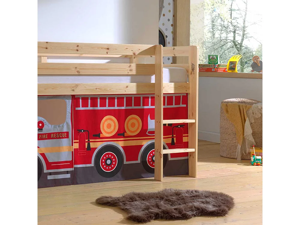 Halbhochbett mit Vorhang Set Feuerwehr Motiv Kiefer Massivholz