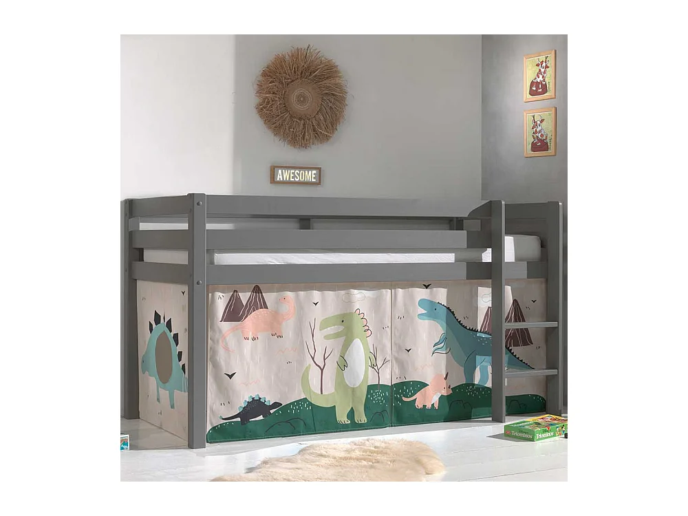 Kinder Hochbett aus Kiefer Massivholz Grau mit Dino Vorhang