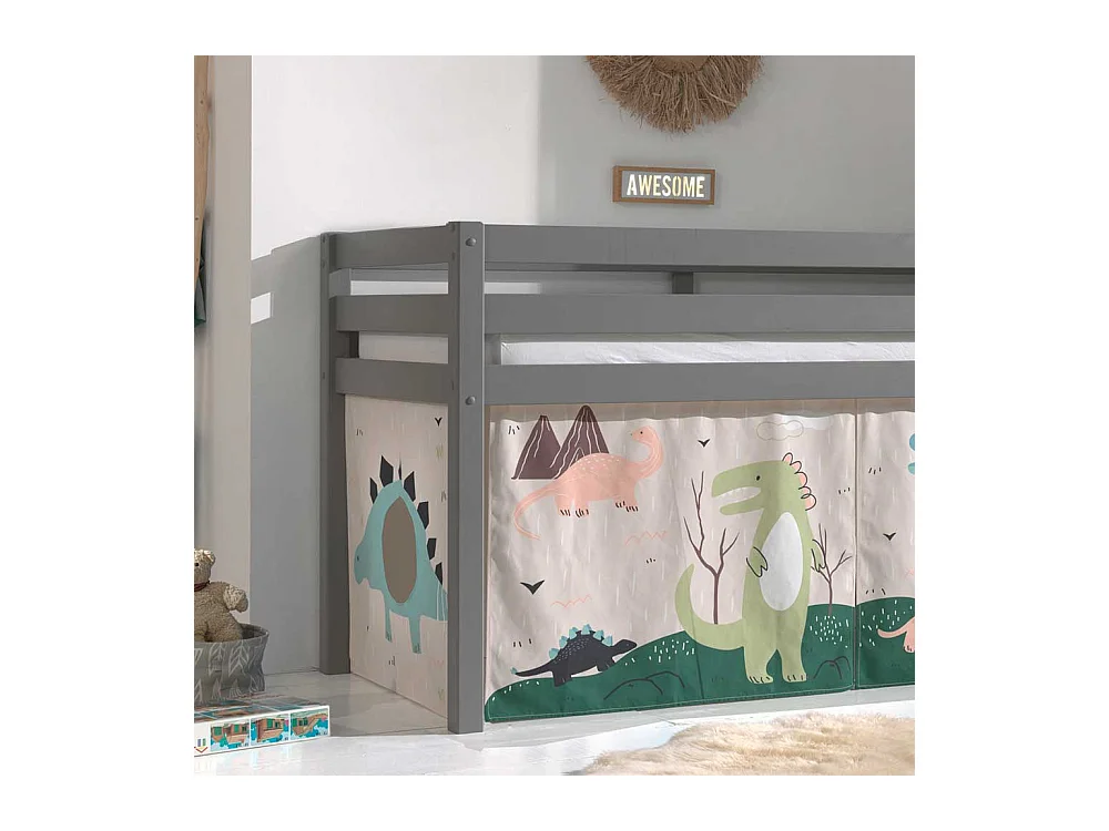 Kinder Hochbett aus Kiefer Massivholz Grau mit Dino Vorhang