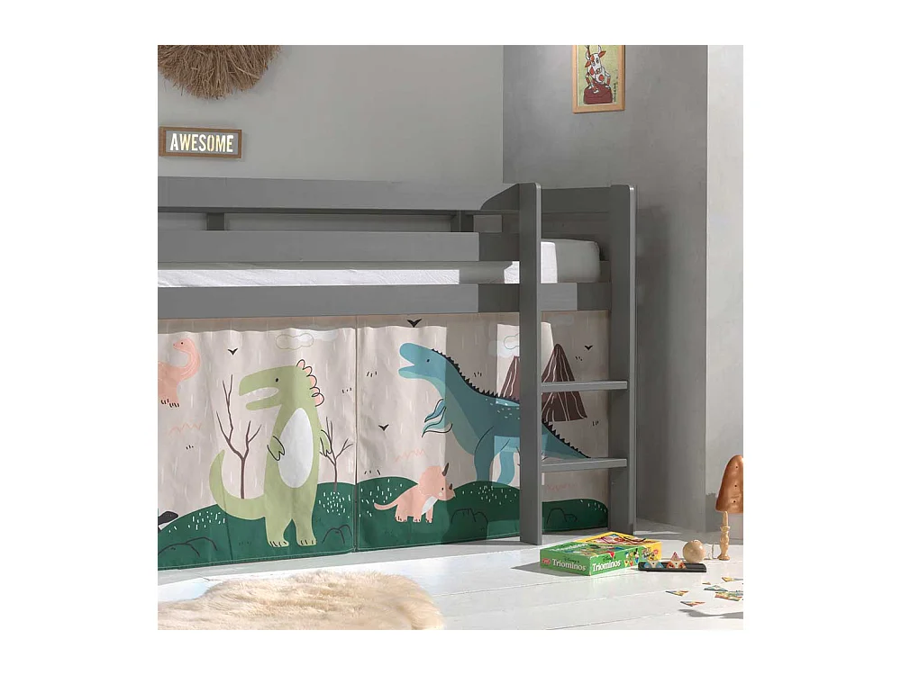 Kinder Hochbett aus Kiefer Massivholz Grau mit Dino Vorhang