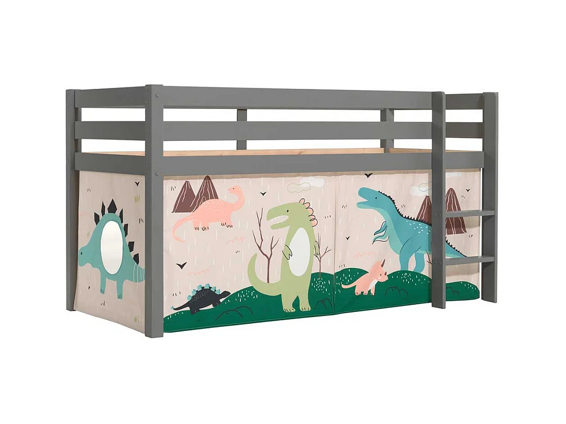 Kinder Hochbett aus Kiefer Massivholz Grau mit Dino Vorhang