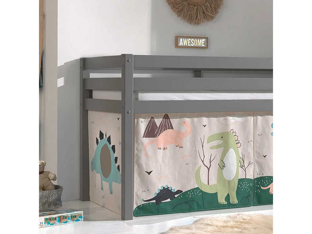 Kinder Hochbett aus Kiefer Massivholz Grau mit Dino Vorhang