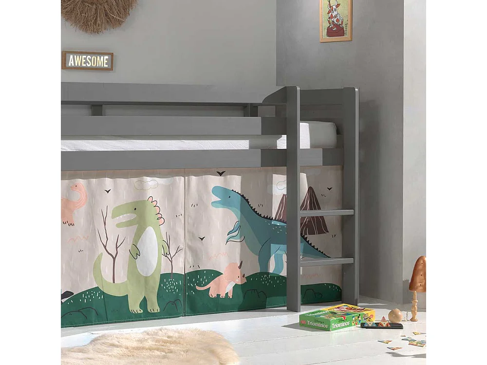Kinder Hochbett aus Kiefer Massivholz Grau mit Dino Vorhang