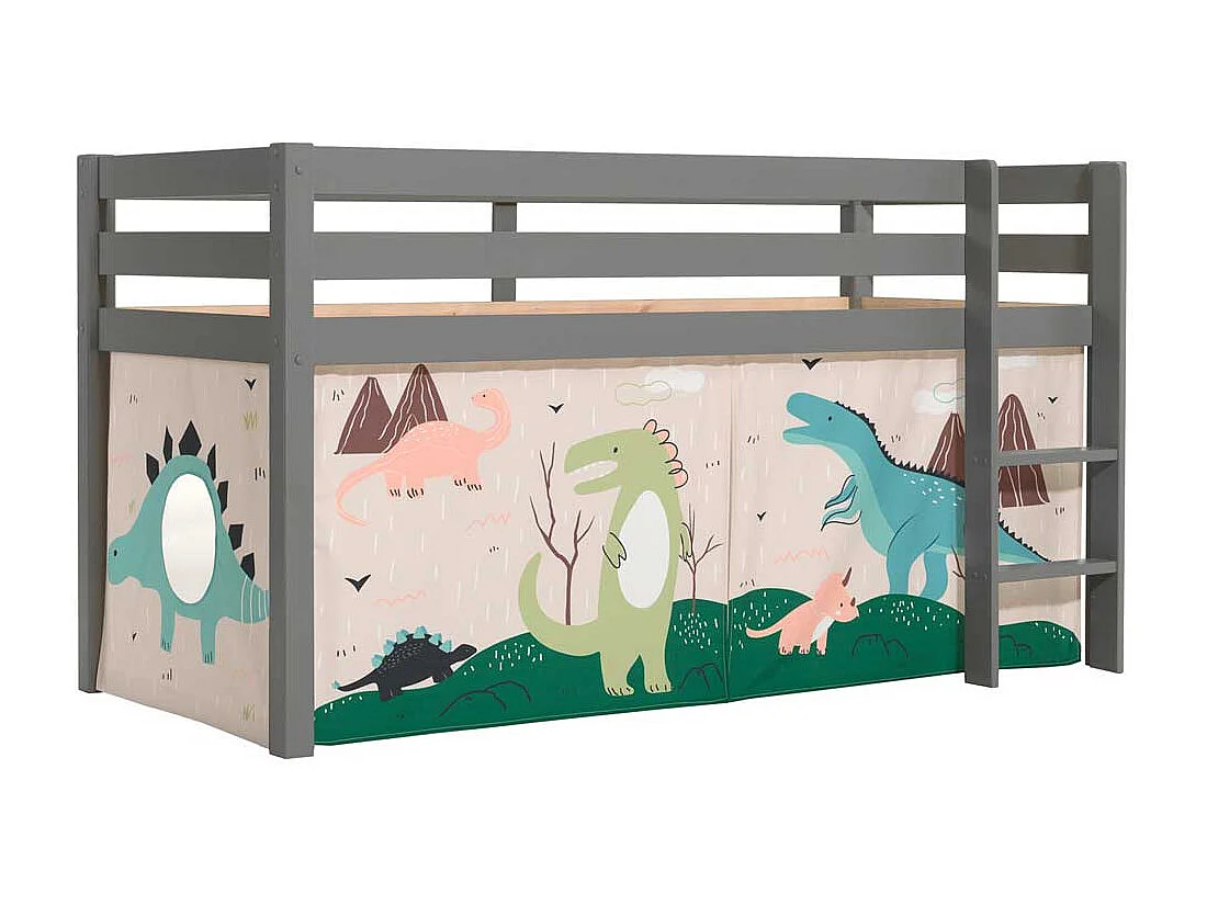 Kinder Hochbett aus Kiefer Massivholz Grau mit Dino Vorhang