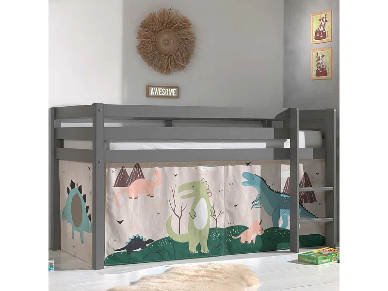 Kinder Hochbett aus Kiefer Massivholz Grau mit Dino Vorhang
