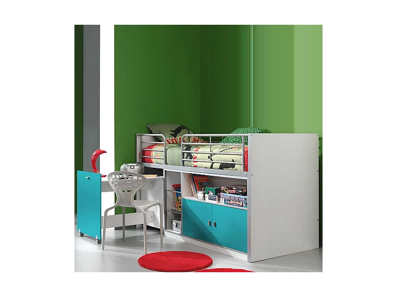 Hochbett mit ausziehbarem Schreibtisch Weiß-Türkis