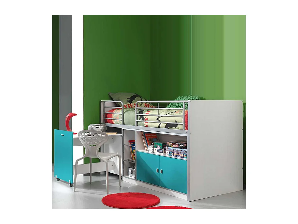 Hochbett mit ausziehbarem Schreibtisch Weiß-Türkis