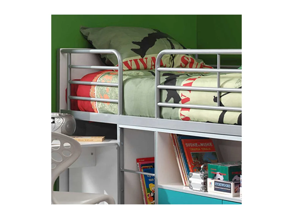 Hochbett mit ausziehbarem Schreibtisch Weiß-Türkis