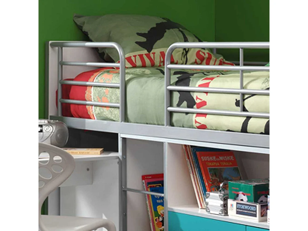 Hochbett mit ausziehbarem Schreibtisch Weiß-Türkis