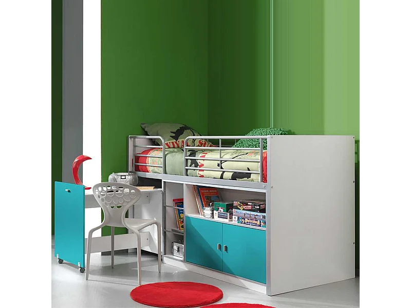 Hochbett mit ausziehbarem Schreibtisch Weiß-Türkis