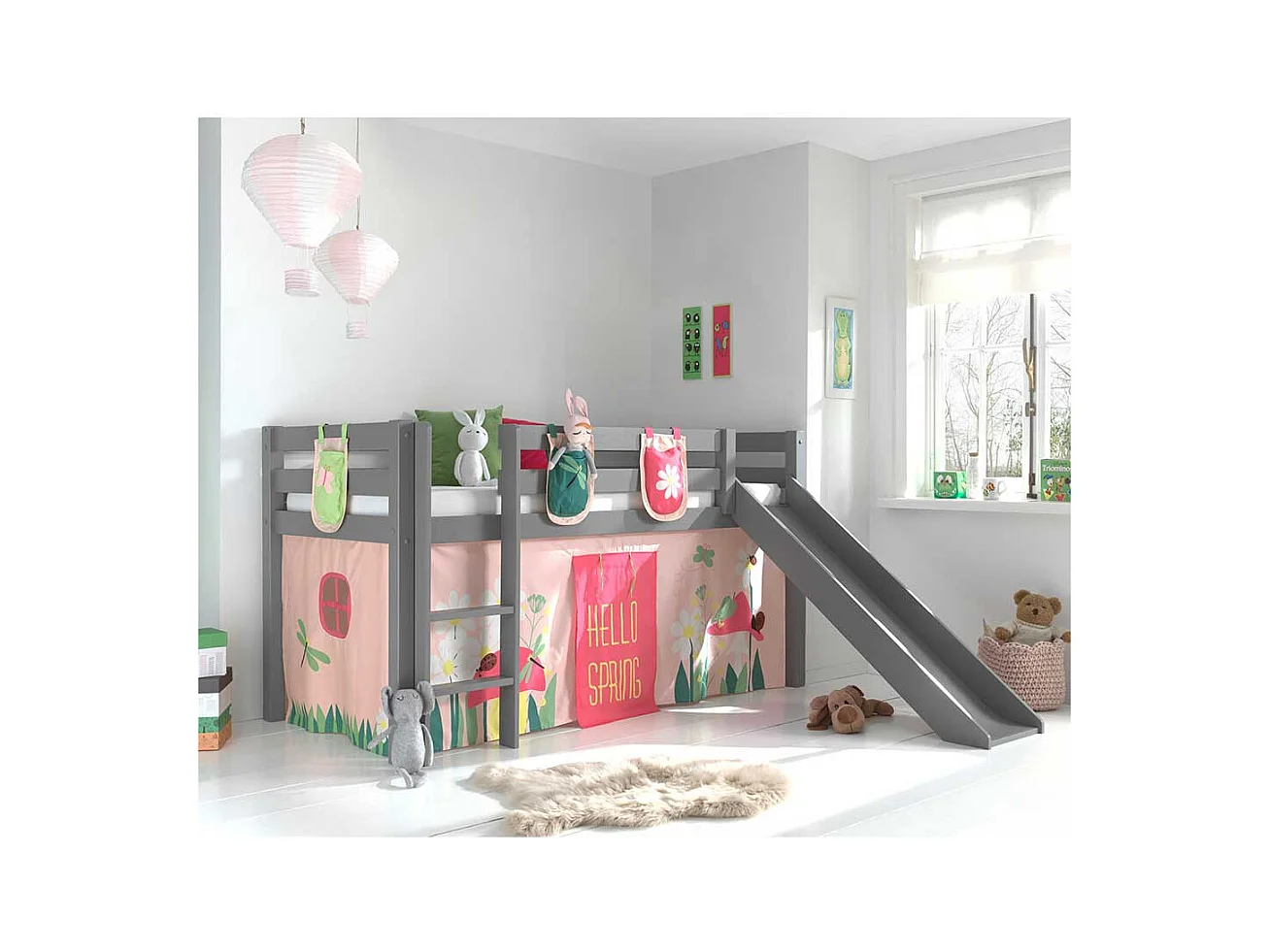 Halbhochbett mit Rutsche und Vorhang Blumen Motiv