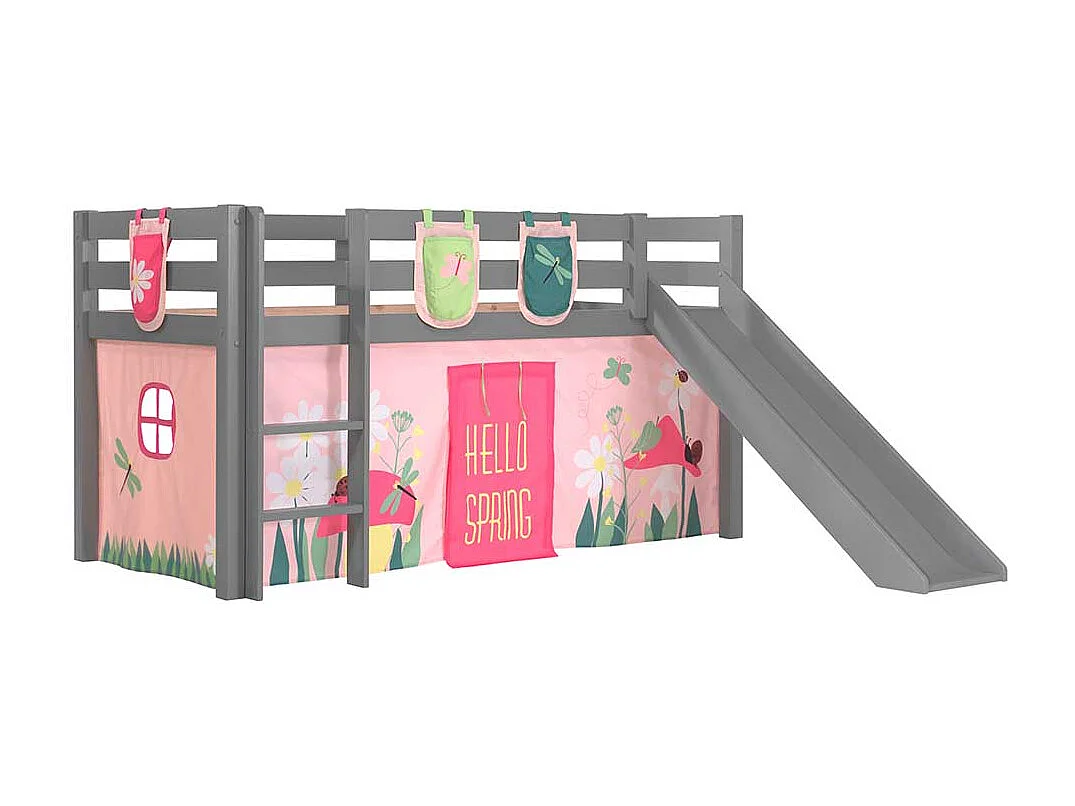 Halbhochbett mit Rutsche und Vorhang Blumen Motiv
