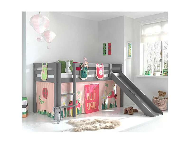 Halbhochbett mit Rutsche und Vorhang Blumen Motiv