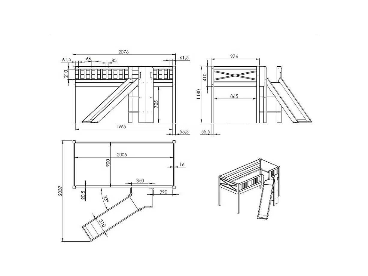 Kinderspielbett aus Kiefer Massivholz Vorhang Set